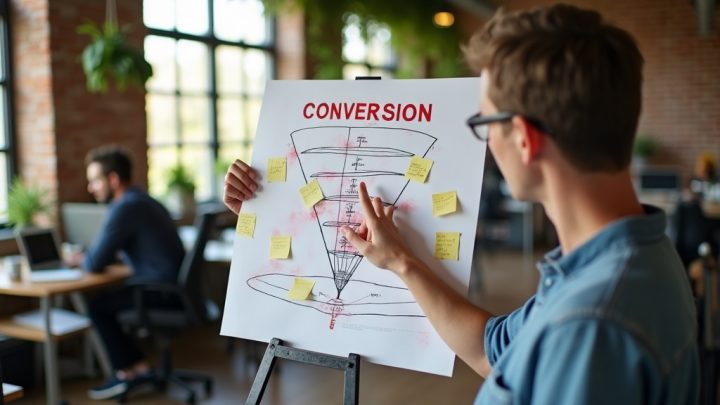 Professional pointing at a printed conversion funnel diagram with sticky notes in a Golf Course Road co-working space