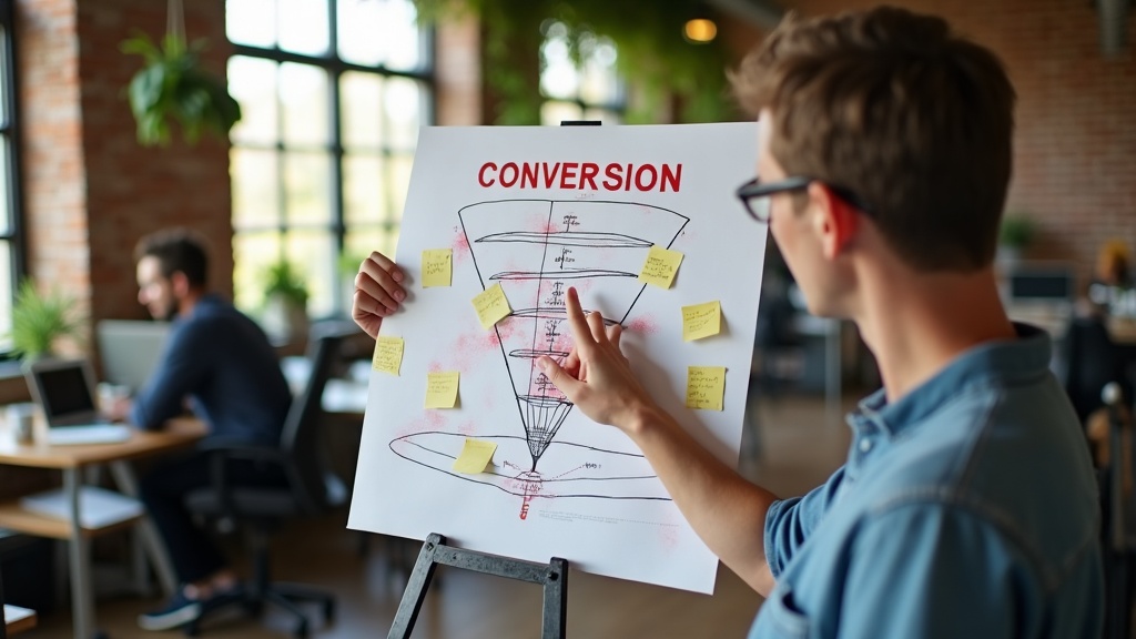 Professional pointing at a printed conversion funnel diagram with sticky notes in a Golf Course Road co-working space
