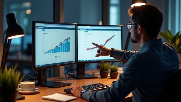 Marketing professional pointing at a blurred ad funnel dashboard on dual monitors in an Udyog Vihar office