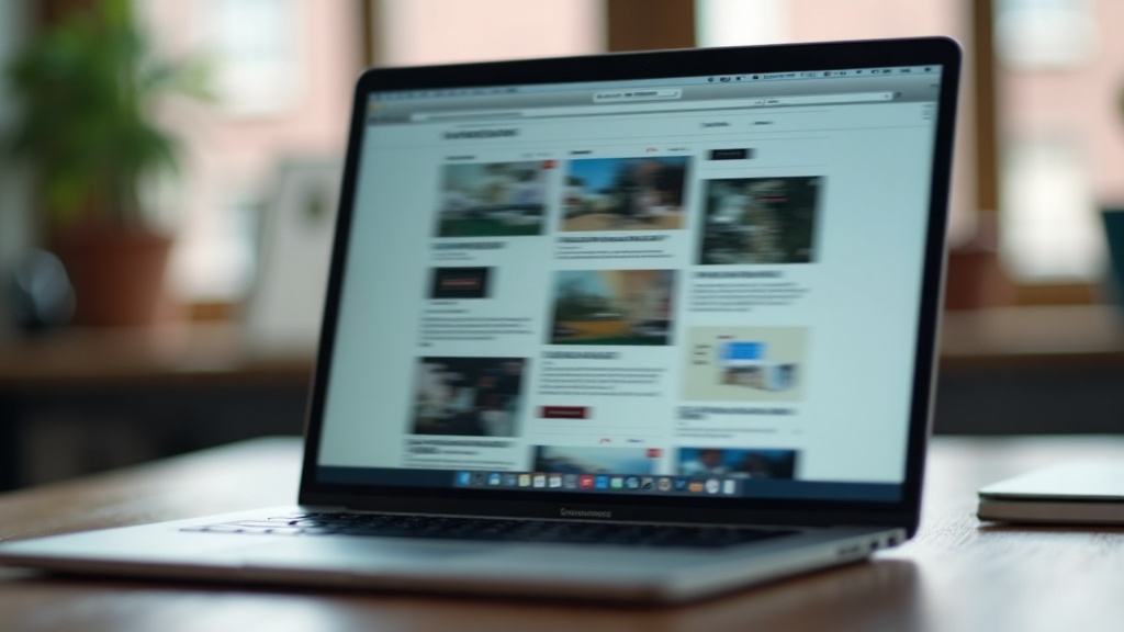 Close-up of a laptop screen showing a cluttered, blurred webpage layout with a cursor drifting away from it