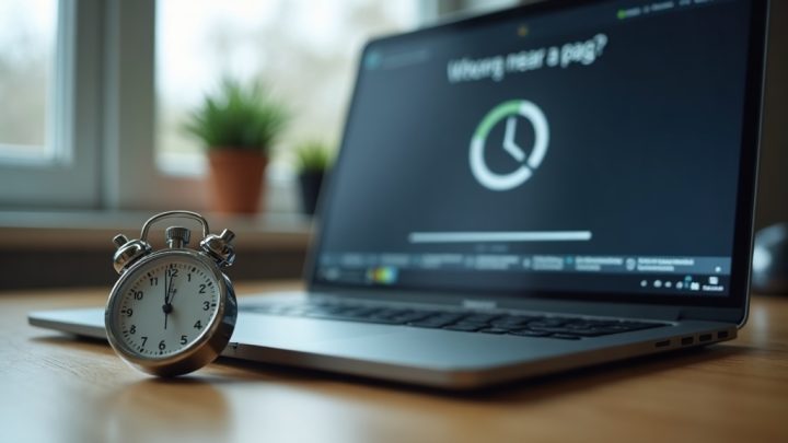 A stopwatch next to a laptop showing a loading progress bar stuck near empty