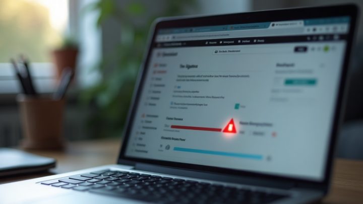 Laptop screen showing a website update progress bar stuck halfway with a red warning icon beside it