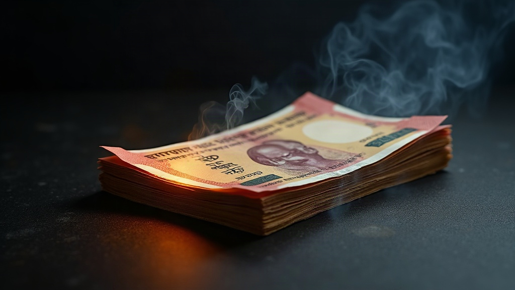 Stack of Indian rupee notes with charred smoking edges beside a downward-sloping line graph