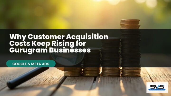 Ascending stacks of rupee coins with a magnifying glass symbolizing rising customer acquisition costs
