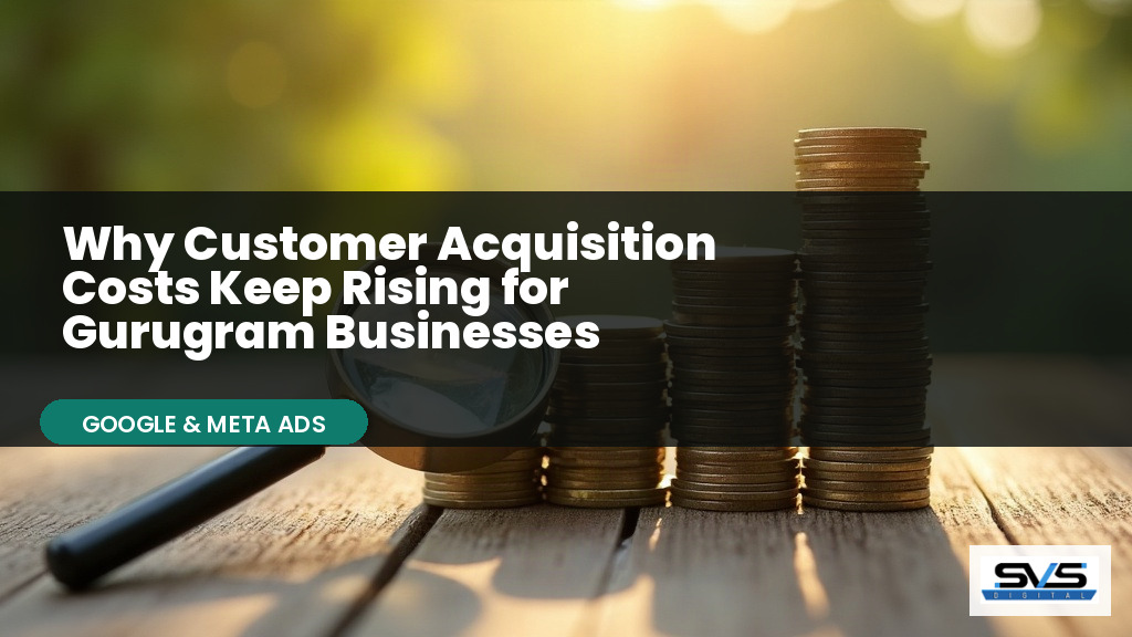 Ascending stacks of rupee coins with a magnifying glass symbolizing rising customer acquisition costs
